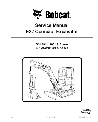 Bobcat E32 Compact Excavator Service and Repair Manual