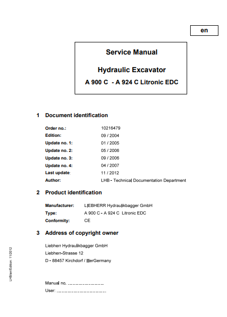 Service Manual for Liebherr Excavators A900C, A904C, A914C, A924C Litronic EDC