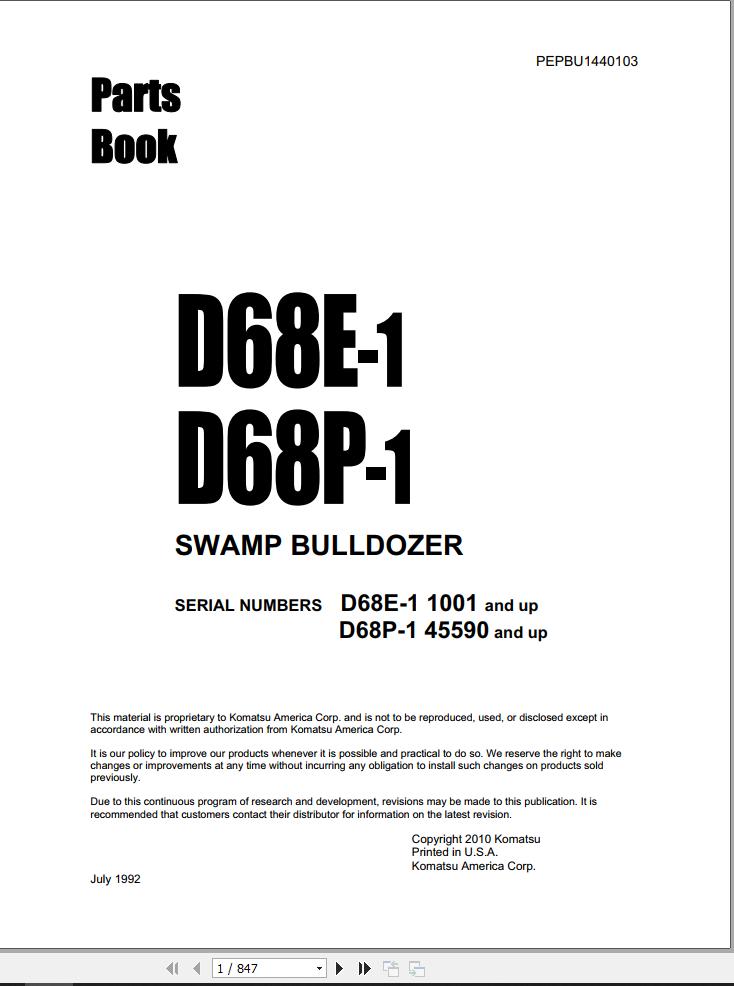 Komatsu D68E-1 D68P-1 Parts Manual