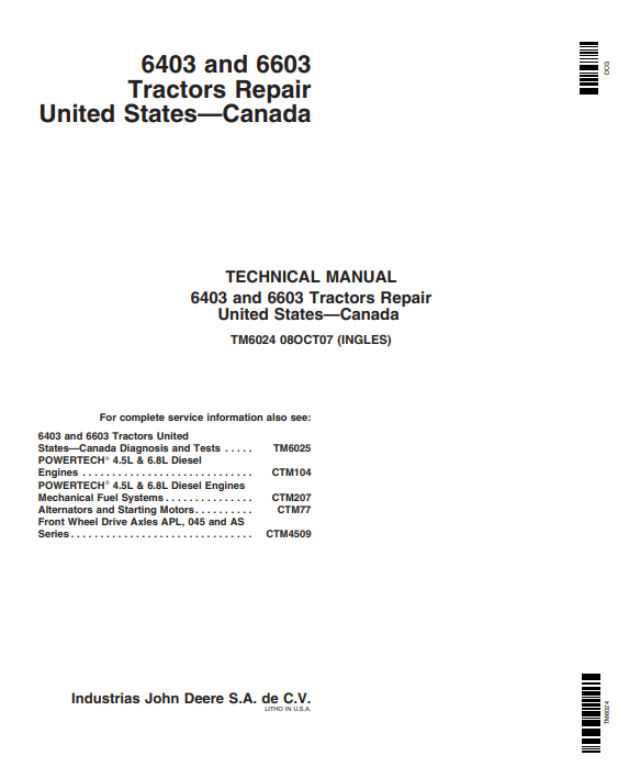 Manual de servicio y reparación de tractores John Deere 6403, 6603