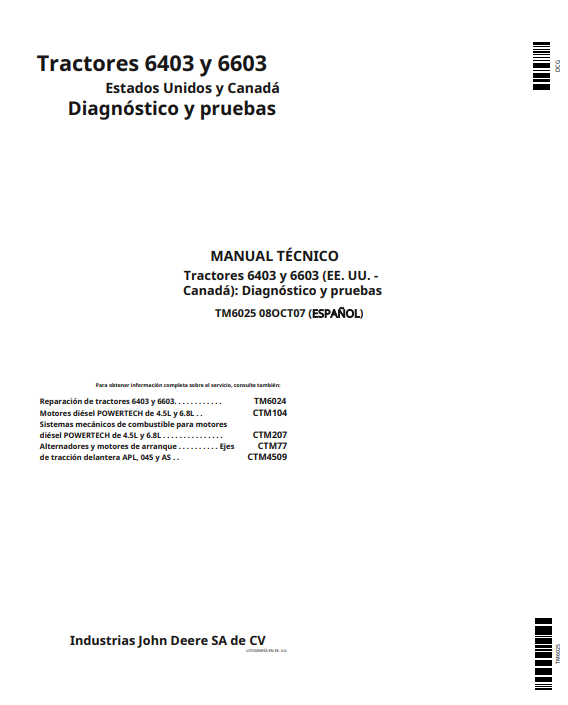 Manual técnico Diagnóstico y pruebas tractores John Deere 6403, 6603 (INGLES Y ESPAÑOL)