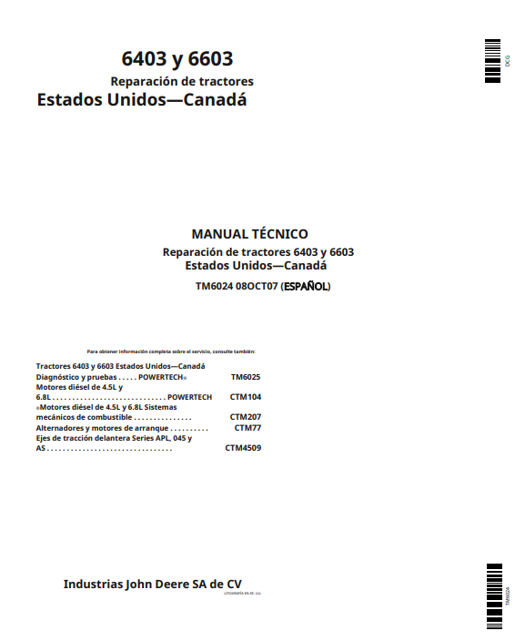 Manual de servicio y reparación de tractores John Deere 6403, 6603 (ESPAÑOL)