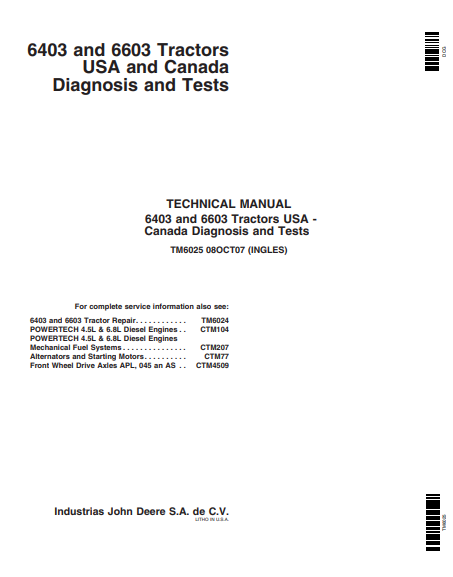 Manual técnico Diagnóstico y pruebas tractores John Deere 6403, 6603 (INGLES Y ESPAÑOL)