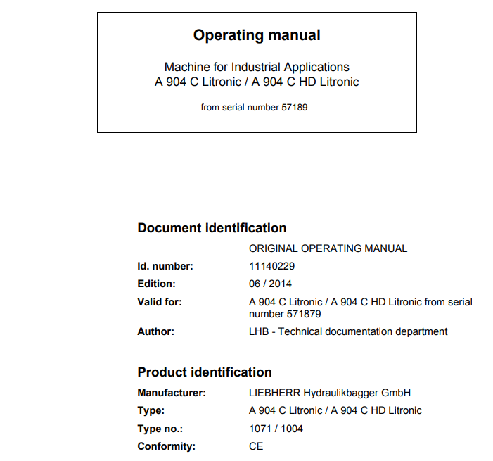 Liebherr A904C, A924C Litronic Excavator Operation Manual