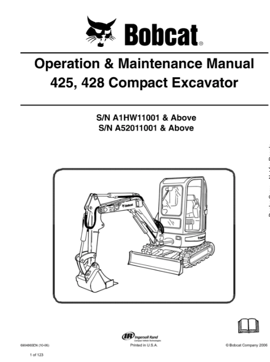 Manual de operación y mantenimiento de la excavadora compacta Bobcat 425, 428