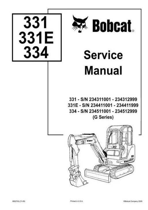 manual de servicio y reparación de excavadoras hidráulicas Bobcat 331, 331E, 334 (serie G)