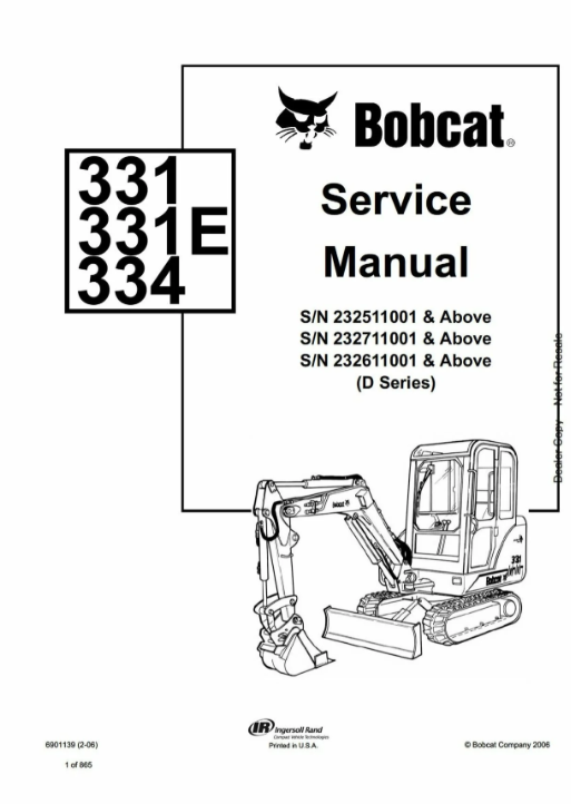 manual de servicio y reparación de excavadoras hidráulicas Bobcat 331, 331E, 334 (serie D)