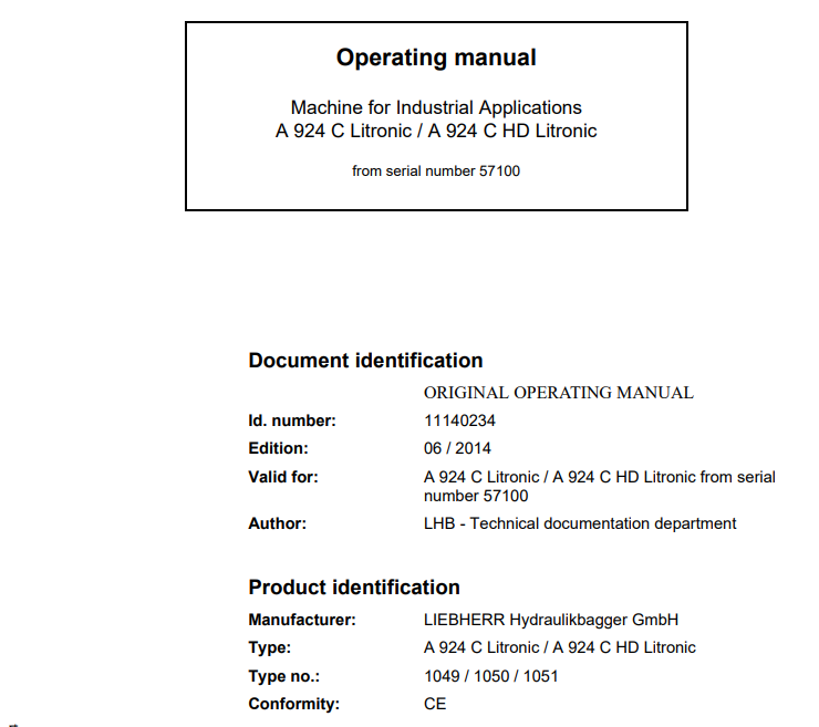 Liebherr A904C, A924C Litronic Excavator Operation Manual